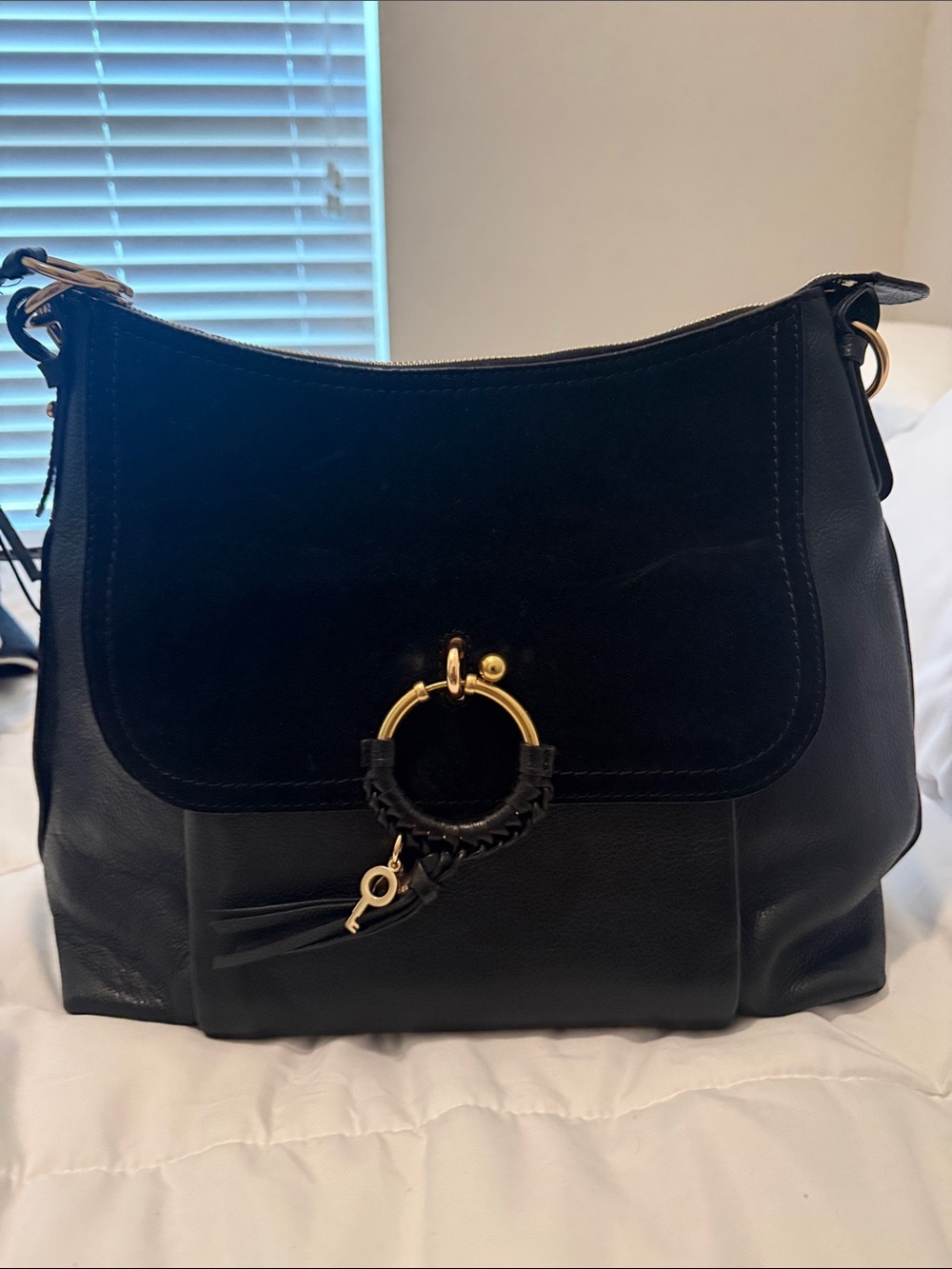 See By Chloe Black Leather & Suede Shoulder Bag with Gold Ring